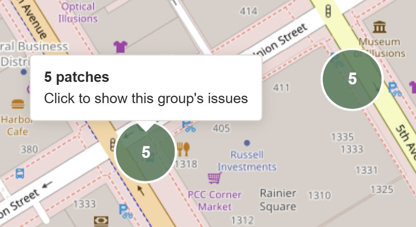 A cluster of five map patches with a tooltip offering to show the group's issues.