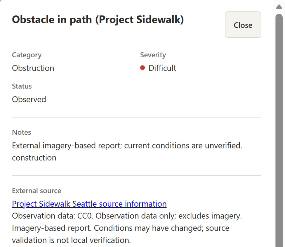 Observation detail showing category, severity, status, and a Project Sidewalk source notice stating that current conditions are unverified.