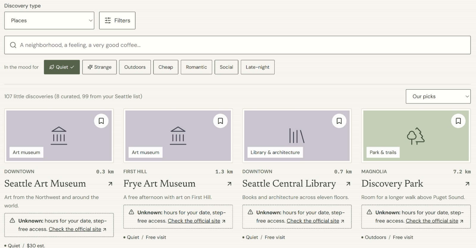 Quiet discovery filter selected above Seattle museums, a library, and a park, with unknown hours and step-free access explicitly labeled.