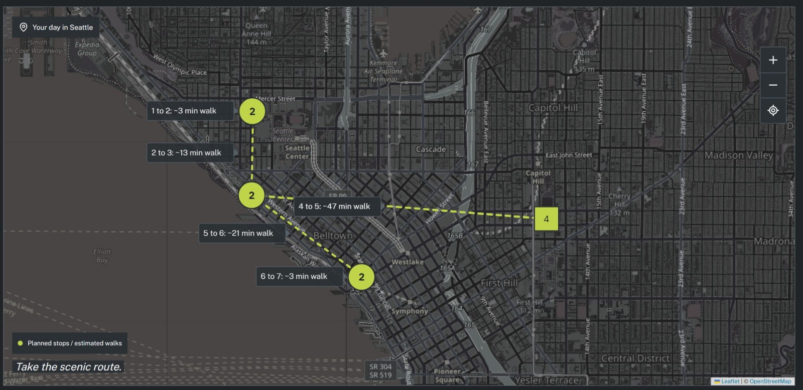 Civic Modern dark day map showing numbered Seattle stops and estimated walking connections, with Leaflet and OpenStreetMap attribution.
