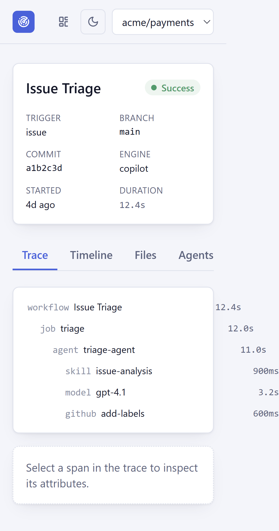 Run detail view for an Issue Triage run showing a span tree from workflow to job to agent to skill and model, with a selected span's evidence tagged 'observed, runtime'